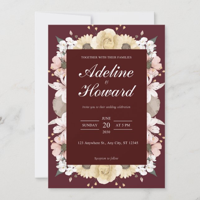 Romantic Burgundy Floral Wedding Invitation card (Devant)