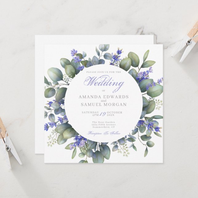 Romantic Eucalyptus & Lavender Wedding Invitation (Devant/Arrière en situation)