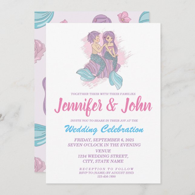 Romantic Fairy Tale Sirène Faire-part de mariage (Devant / Derrière)