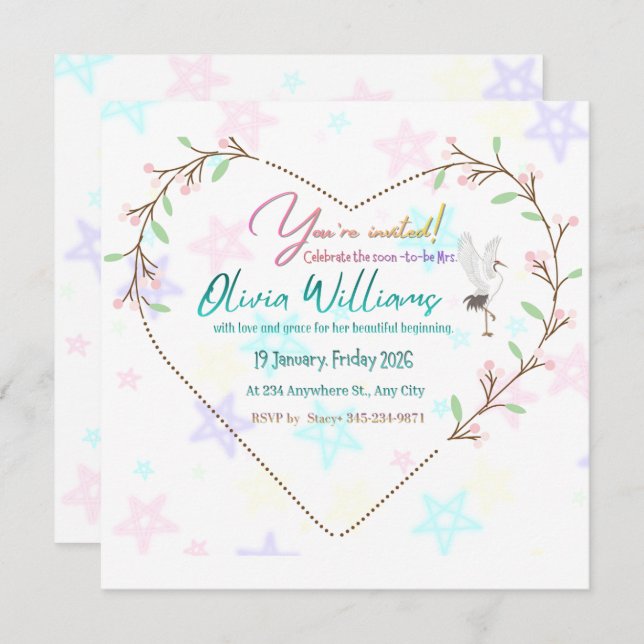 Romantic Floral Heart Bridal Shower Invitation | E (Devant / Derrière)