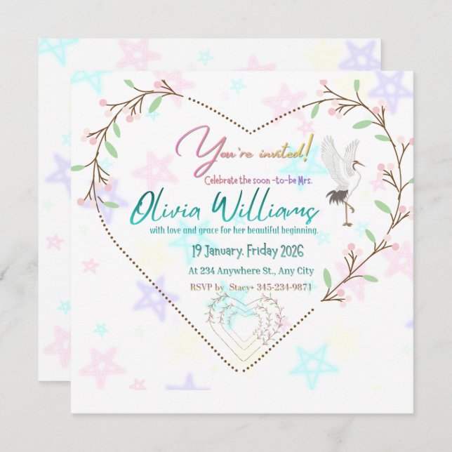 Romantic Floral Heart Bridal Shower Invitation | E (Devant / Derrière)