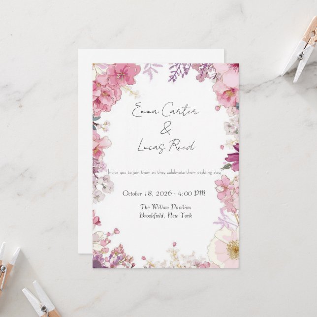 Romantic Floral Wedding Invitation Card (Devant/Arrière en situation)