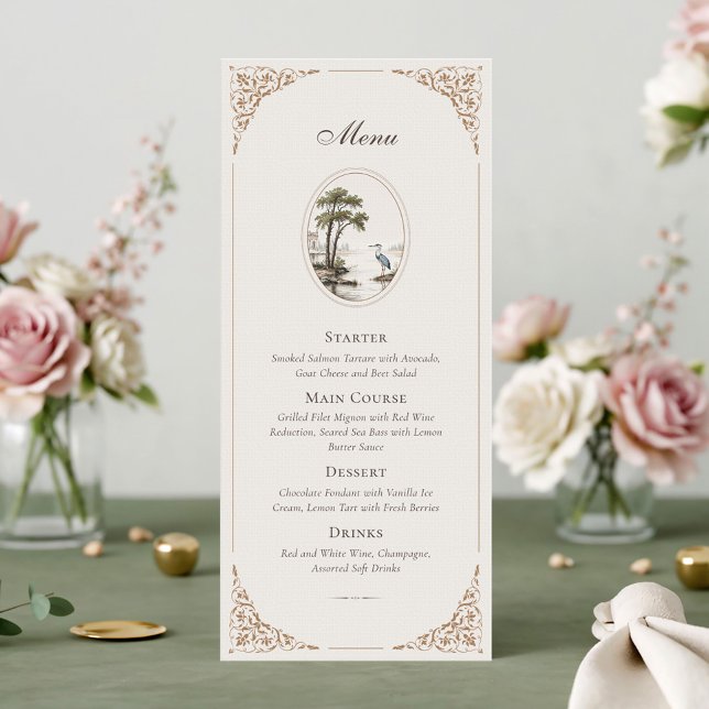 Romantic French Heron Oval Frame Wedding Menu Card (Créateur téléchargé)
