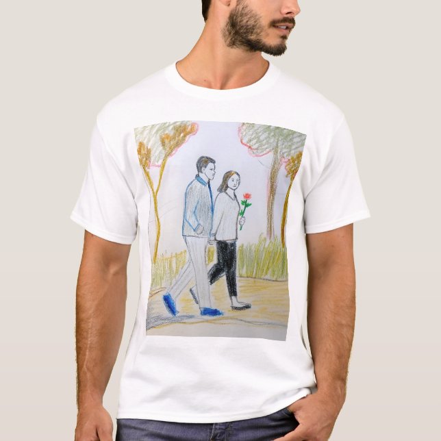 Romantic Hand-Drawn Couple Walking in Park t-shirt (Devant)