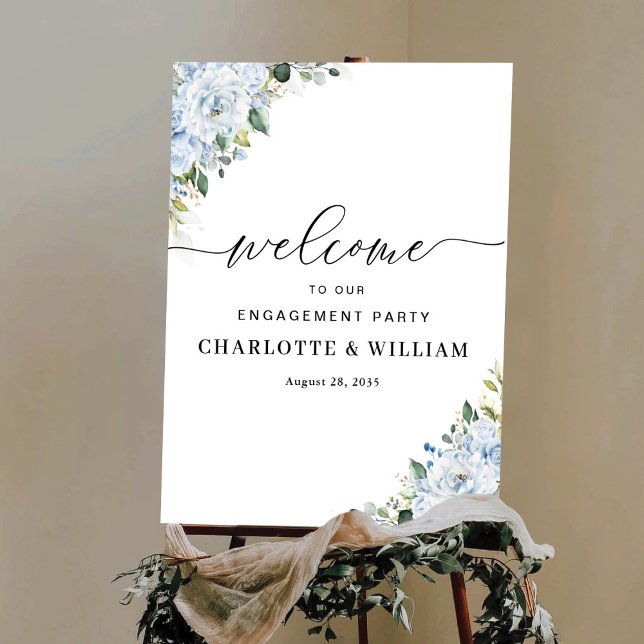 Romantic Light Blue Floral Engagement Party Poster (Créateur téléchargé)