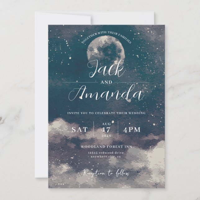 Romantic moonlight Watercolor wedding invitations (Devant)