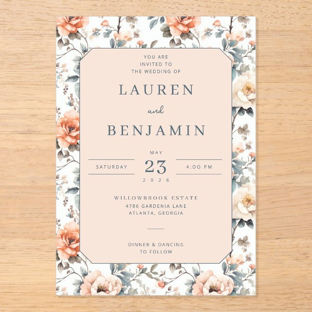 Romantic Peach Floral Wedding Invitation (Recto)