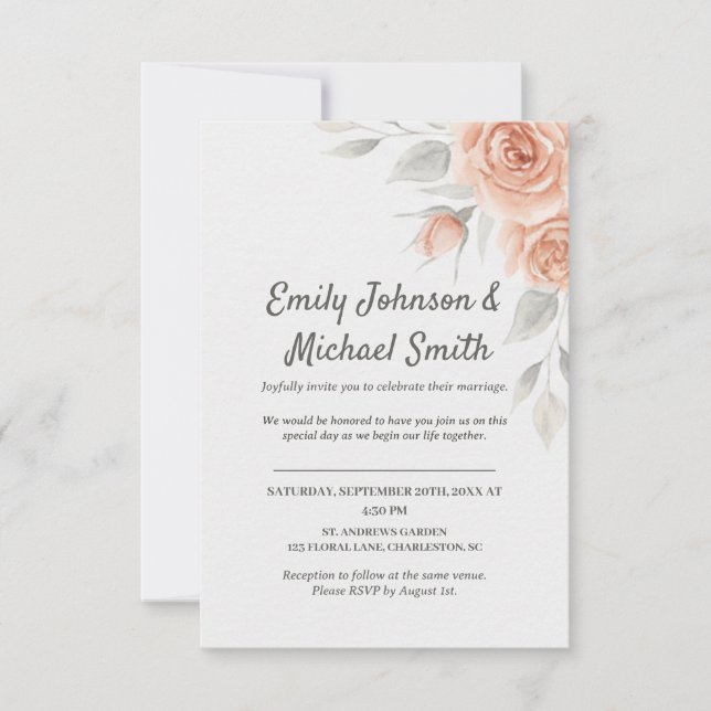Romantic Peach Watercolor Roses Wedding Invitation (Devant)