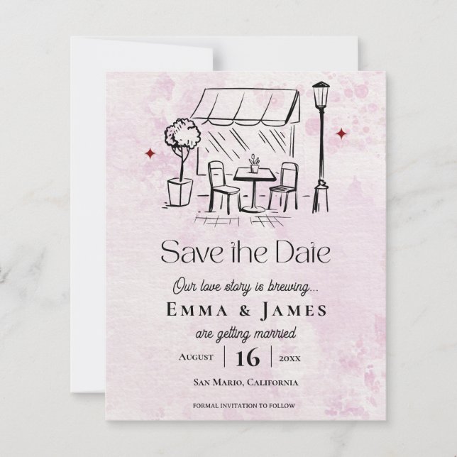 Romantic Pink Café Courtyard Wedding Save the Date (Devant)