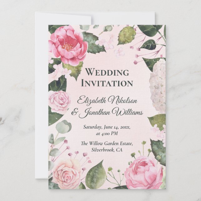 Romantic Pink Roses Wedding Invitation (Devant)
