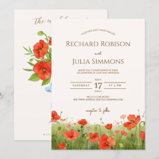 Romantic Poppy Floral Faire-part de mariage rouge