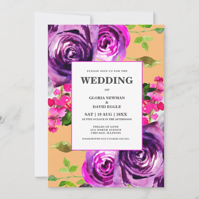 Romantic Purple Floral Wedding Invitation (Devant)