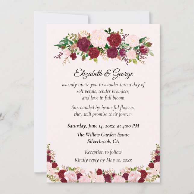 Romantic Red, Pink Roses Custom Wedding Invitation (Devant)