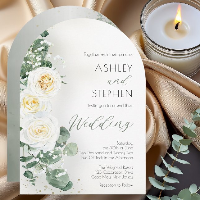 Romantic Sage Green Arch Wedding Invitation (age green botanical wedding invitation with white roses and eucalyptus leaves in a natural greenery )