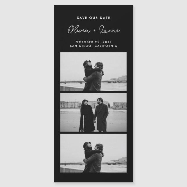 Romantic Script Photo Strip Magnetic Black Wedding (Devant)