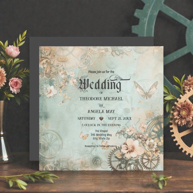 Romantic Teal Steampunk Gears Wedding Invitation (Créateur téléchargé)