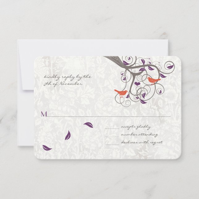 Romantic Tree Swirl Lovebirds Mariage RSVP (Devant)