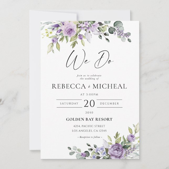 Romantic Violet Flowers Wedding Invitation (Devant)