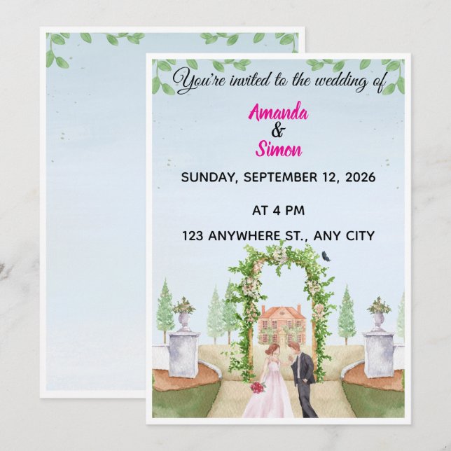 Romantic Watercolor  Garden Wedding Invitation (Devant / Derrière)