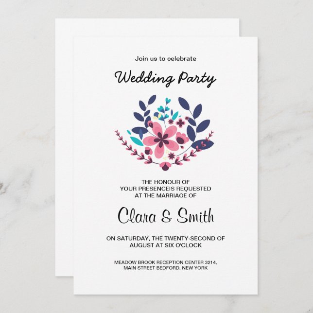 Romantic wedding party invitation (Devant / Derrière)