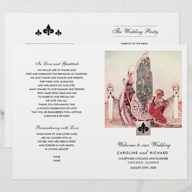 Romantique Art Vintage Programme de mariage plié (Devant / Derrière)