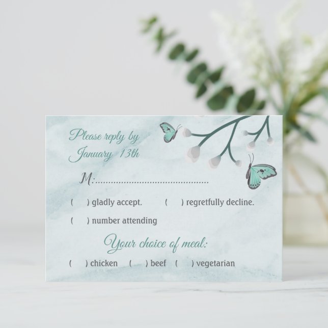 romantique bleu papillons réponse carte rsvp (Debout devant)