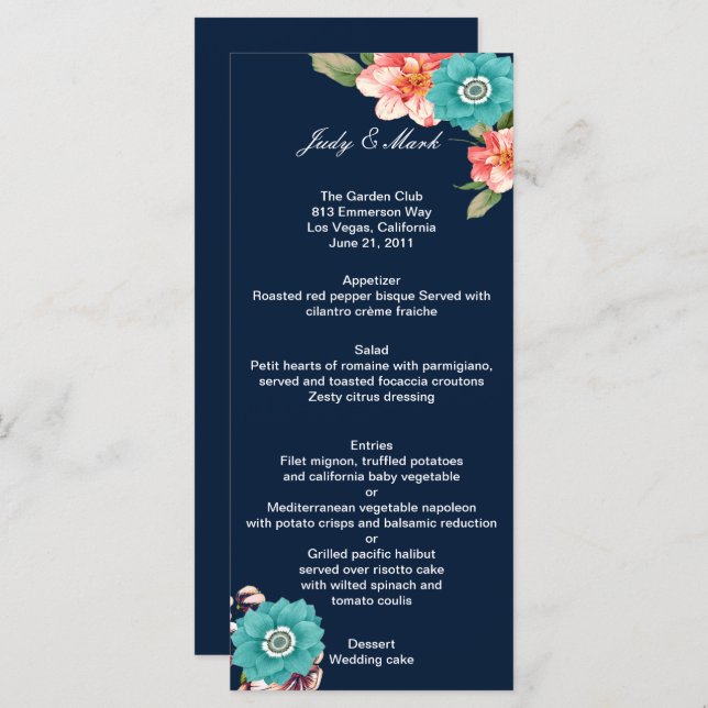 Romantique Blue Rose Floral Mariage Menu (Devant / Derrière)
