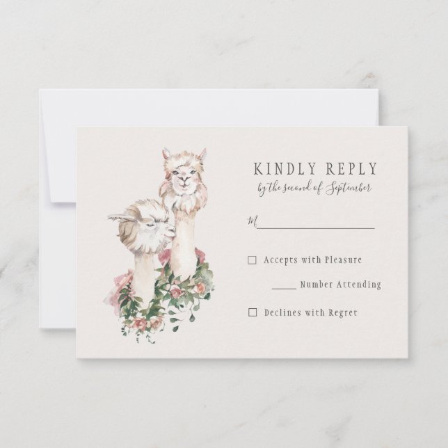 Romantique Bohème Llama Wedding RSVP Réponse (Devant)