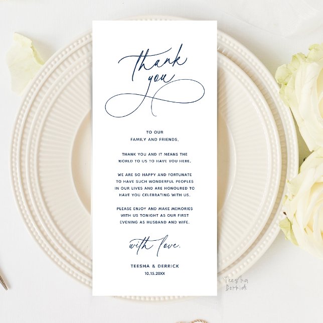 Romantique Carte de Remerciements pour le Dîner de (Romantic Wedding Place Setting Thank You Card in Navy Blue)