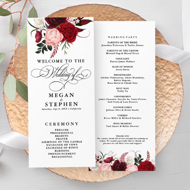 Romantique Couleur d'eau Bourgogne Floral Programm (Créateur téléchargé)