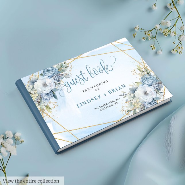 Romantique Dusty Bleu Blanc Fleurs d'or Livre d'or (Romantic Dusty Blue White Gold Flowers Guest Book)