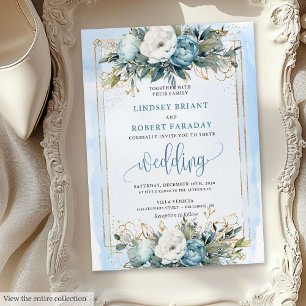 Romantique Dusty Blue Gold Floral Faire-part de ma