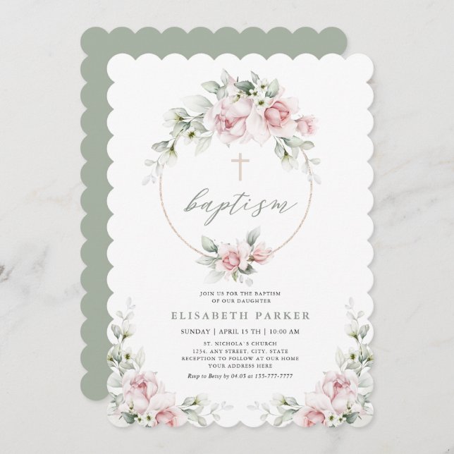 Romantique fille Baptême Floral rose Invitation (Devant / Derrière)