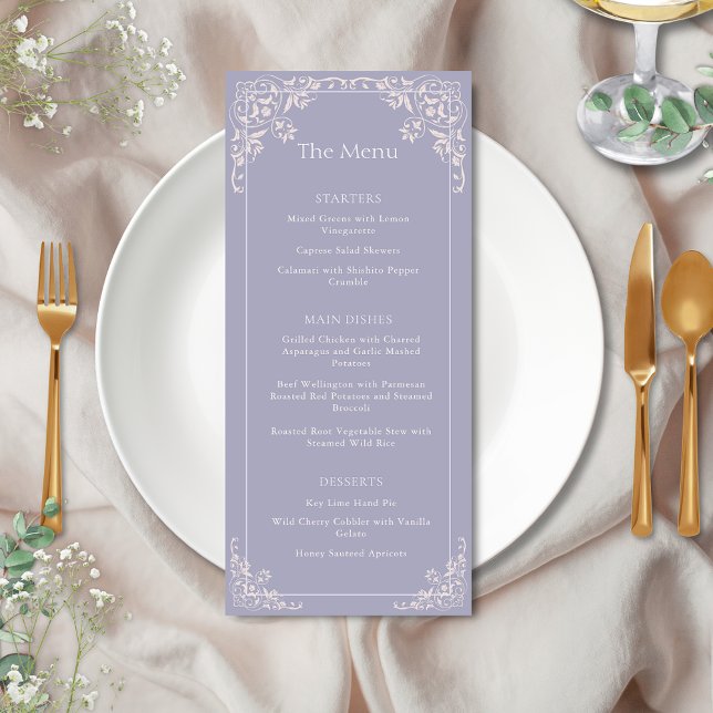 Romantique Français Lilac Elégant Menu Mariage (Elegant french lilac theme wedding menu cards for romantic bridgerton inspired vintage shabby chic)