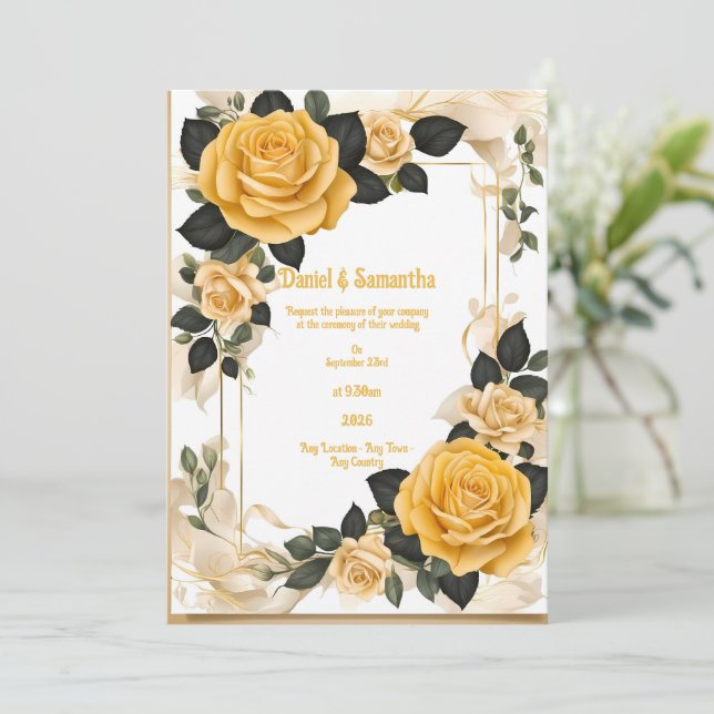 Romantique jaune Rose Mariage Invitations (Debout devant)