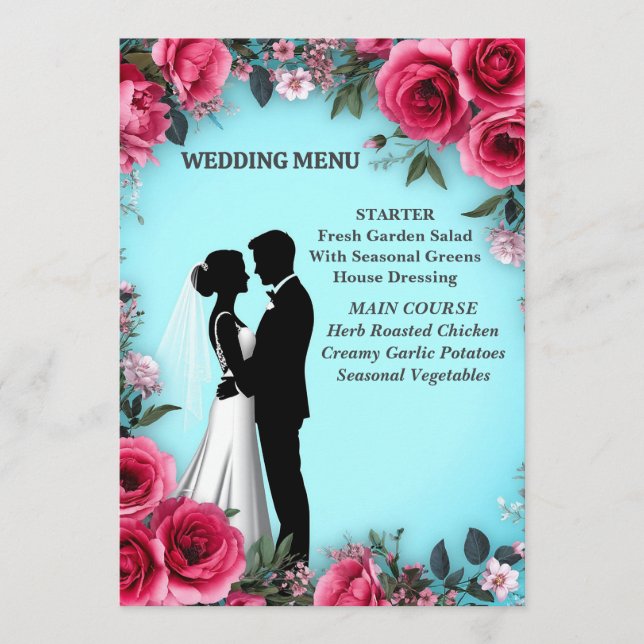 Romantique menu de mariage aux roses roses et bleu (Devant)