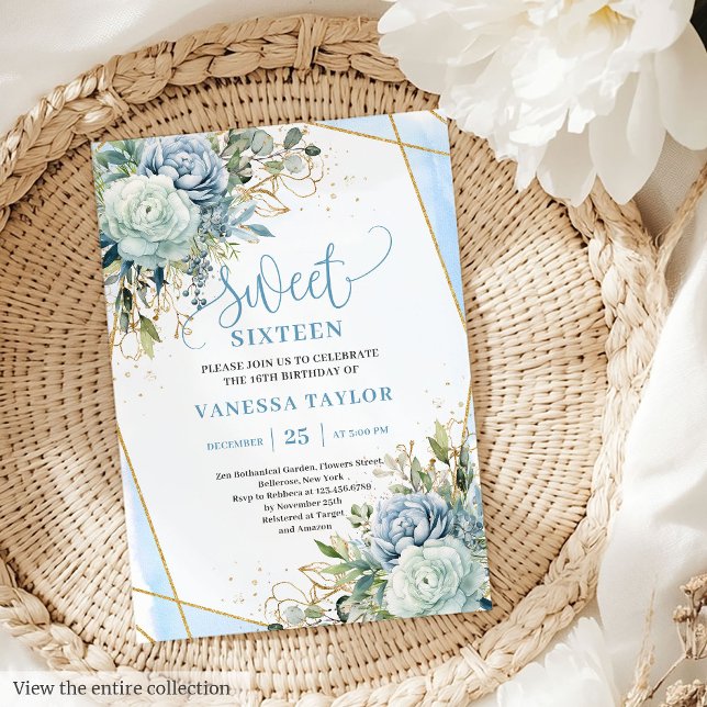 Romantique pastel bleu pivoines doux 16 invitation (Romantic pastel blue peonies sweet 16 invitation

)