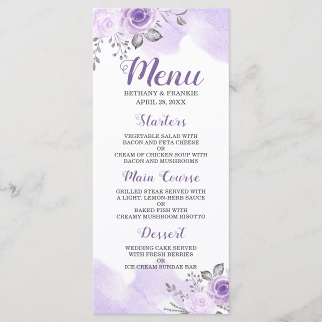 Romantique Pastel Purple Floral Chic Mariage Menu (Devant)