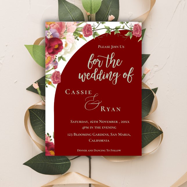 Romantique Pêche Rouge Faire-part de mariage d'arc (Romantic Red Peach Floral Arch Wedding Invitation)