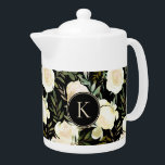 Romantique Peint Floral Vanilla Vert Monogramme<br><div class="desc">Vanille Fleurs d'aquarelle blanche, accentuées par le feuillage vert sur un arrière - plan noir. Modifiez facilement le monogramme modèle à votre initial souhaité à l'aide de l'outil de modification de Zazzle. Consultez notre collection pour les articles correspondants. Entièrement personnalisable et transférable. Romantique Peint Floral Vanilla Green Monogramme théière. Artiste...</div>