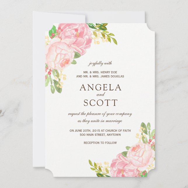 Romantique Peonies rose Mariage Invitations (Devant)