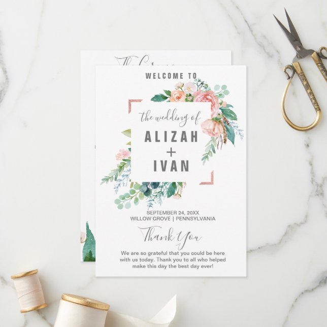 Romantique Peony Flowers Programme de mariage (Devant/Arrière en situation)