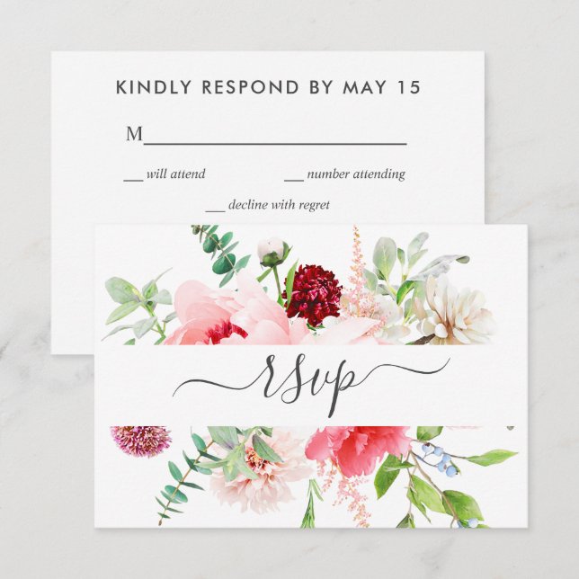 Romantique Peony rose Script Repas RSVP Invitation (Devant / Derrière)