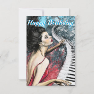 Romantique Piano Music Lady en rouge carte d'anniv