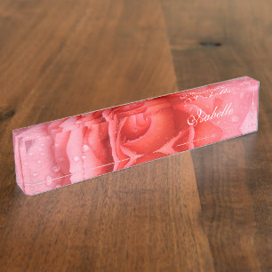 Romantique Rose rose rose gouttes d'eau Nom Plaque