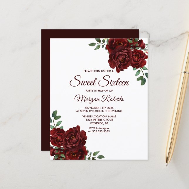 Romantique Rose Rouge Sweet 16 Budget Invitation (Devant/Arrière en situation)