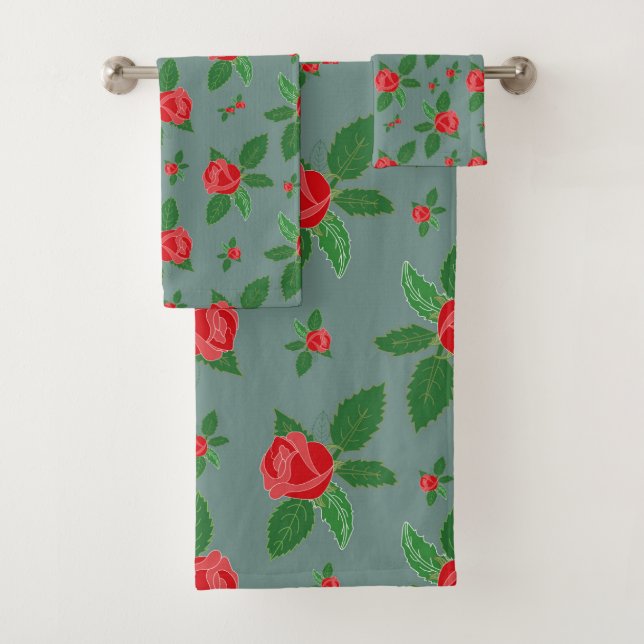 Romantique Roses Rouges Motif Floral Vert Feuille  (En situation)