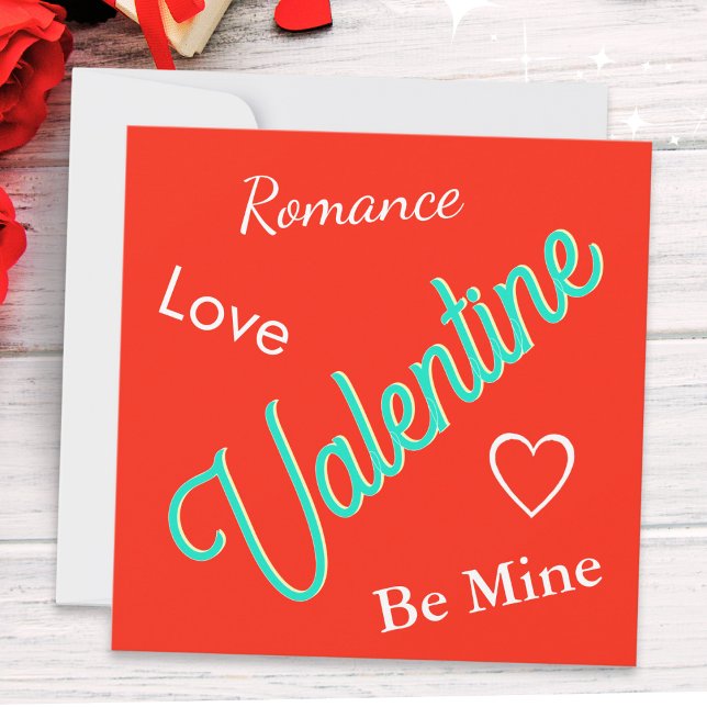 Romantique rouge élégant texte personnalisé Saint- (A red greeting card with 'Valentine' in turquoise script typography and custom text on the back)