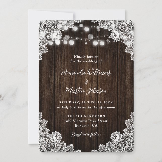 Romantique Rustique dentelle en bois Invitations d (Devant)