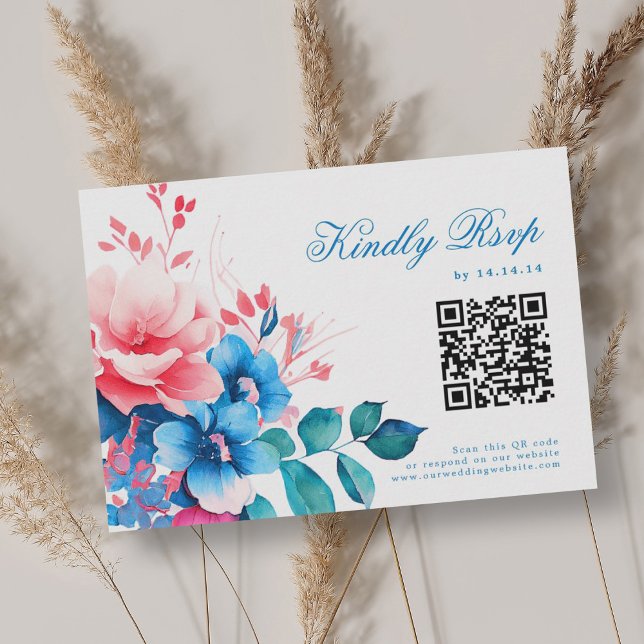 Romantique Vibrant Bleu Floral Mariage RSVP QR (Romantic Vibrant Blue Floral Wedding RSVP QR)
